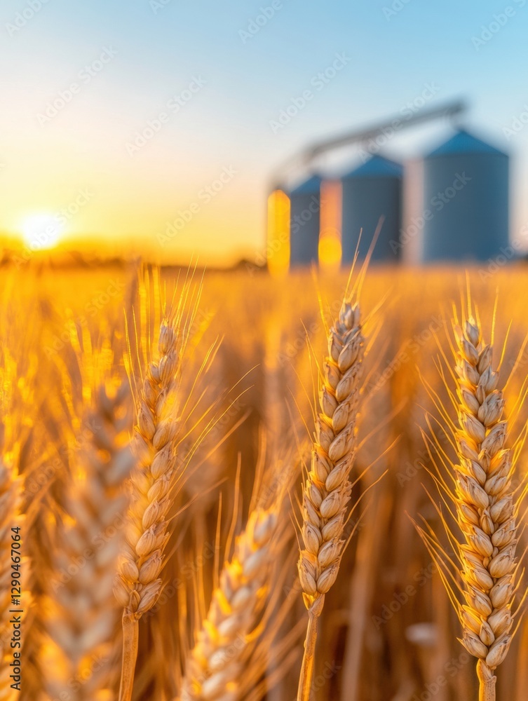 Poster sunlit agricultural automation durable combine harvesters in golden wheat fields with steel silos - 