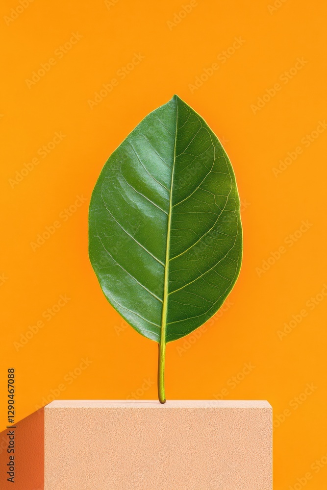 Poster Minimalist Botanical Display Single Green Leaf on Textured Orange Podium - Contemporary Design Content and Eco-Friendly Branding for Visual Aesthetics