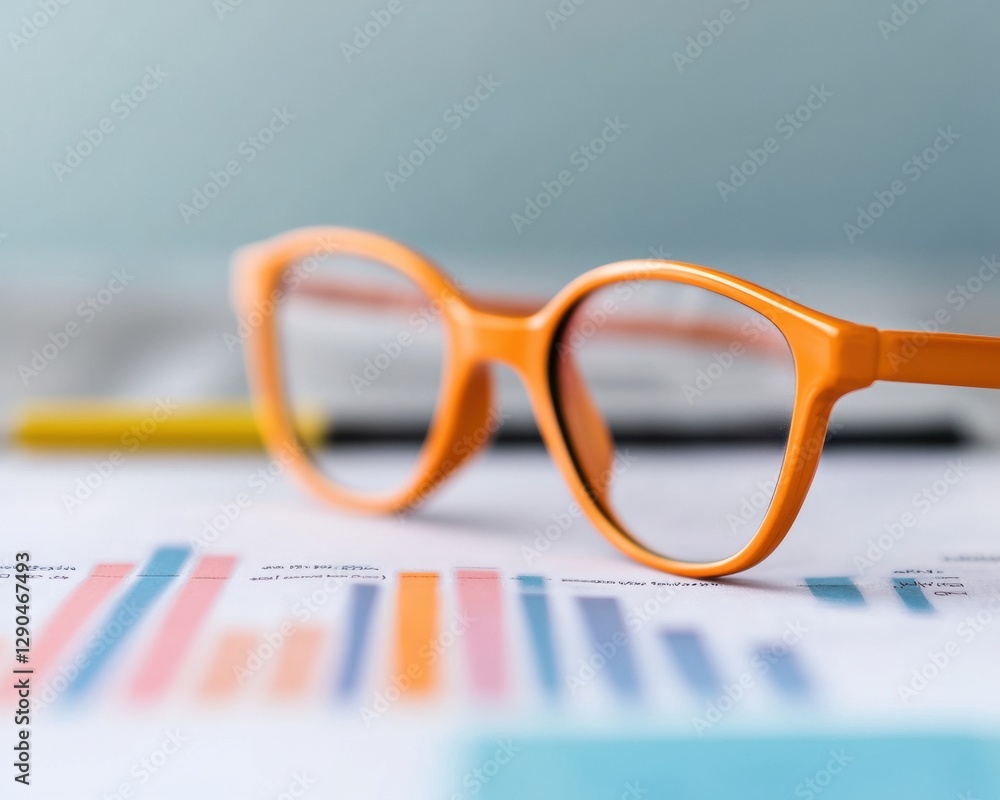 Poster Vibrant Analytics Dashboard Retro Glasses with Business Graphs on Minimalist Workspace - Modern Productivity Tools and Insightful Corporate Reporting
