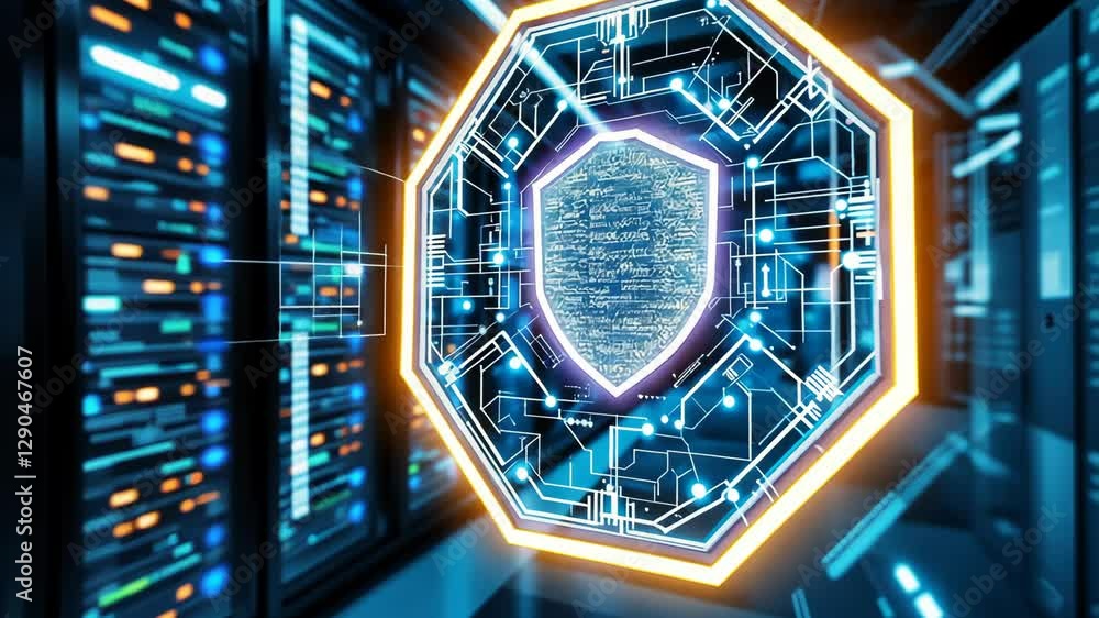 Poster futuristic data center with moving digital shield in neon cybersecurity environment