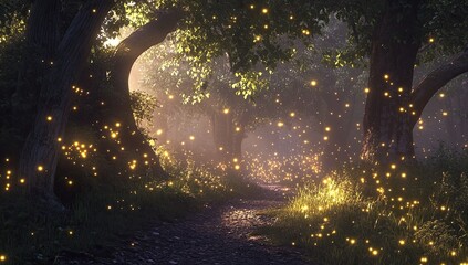 Naklejka premium Magic Firefly Path in Enchanted Forest
