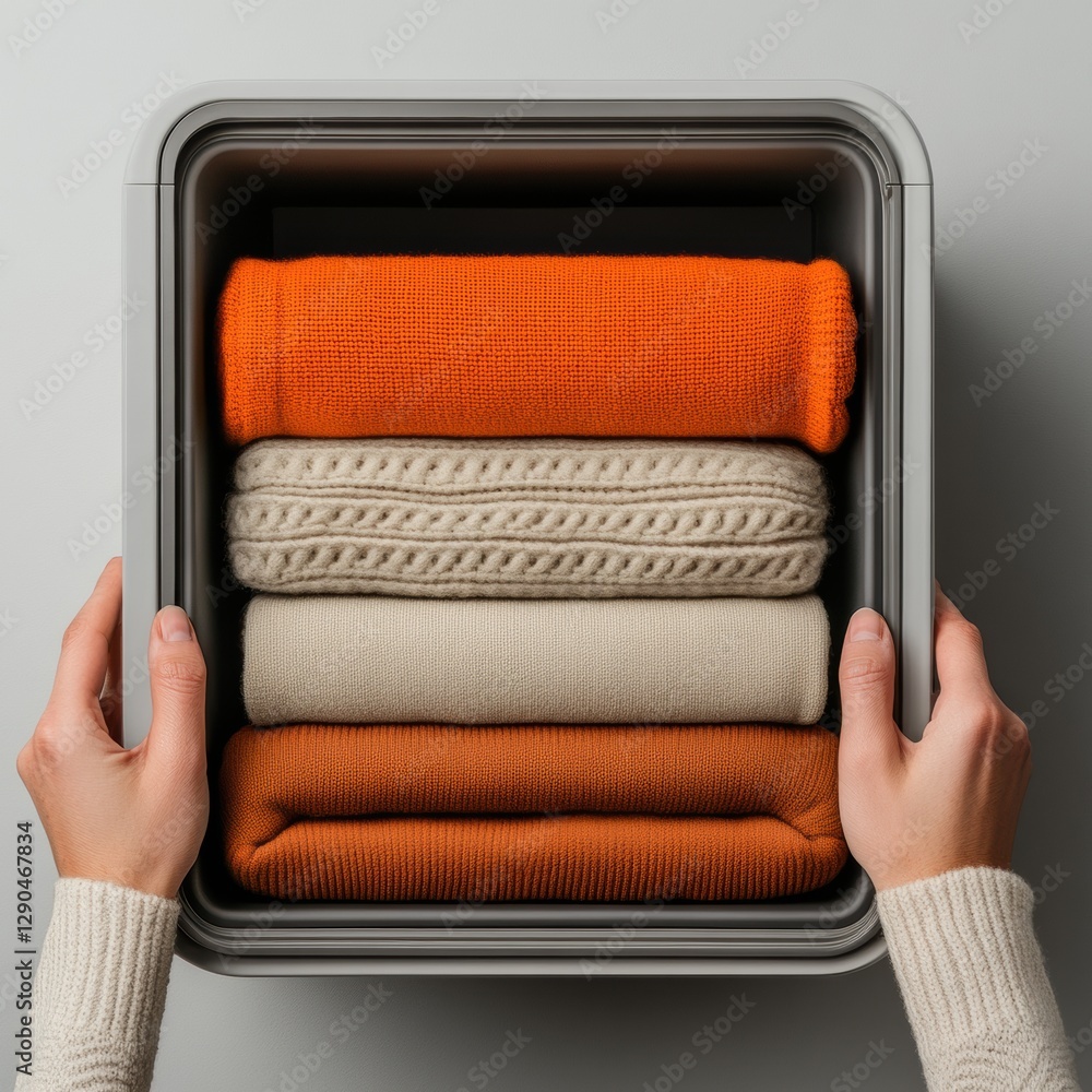 Poster Minimalist Storage Solutions Hands Organizing Woolen Layers in a Compact Cube - Space-Saving Design for Urban Interiors and Modern Living Efficiency