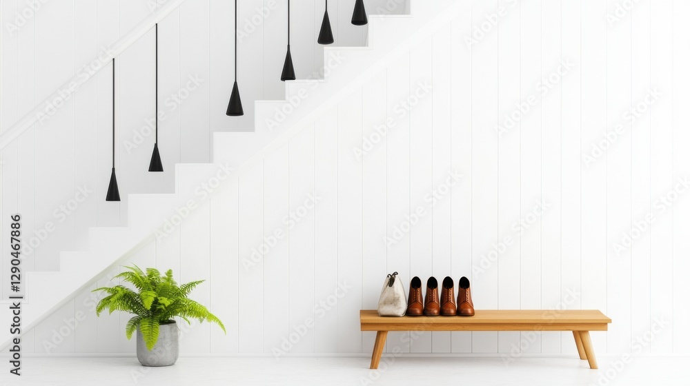 Aufkleber modern minimalist under-stairs storage sleek open-concept entryway with wooden bench and black hooks