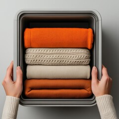 Minimalist Storage Solutions Hands Organizing Woolen Layers in a Compact Cube - Space-Saving Design for Urban Interiors and Modern Living Efficiency