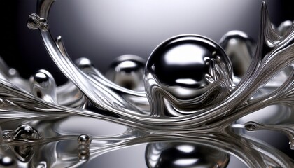Macro shot of liquid metal, such as gallium or mercury, forming futuristic abstract shapes. The close-up captures the fluid motion, gleaming surface, and intricate details of the metal’s shape-shiftin