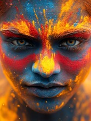 Woman with colorful powder paint exploding on face