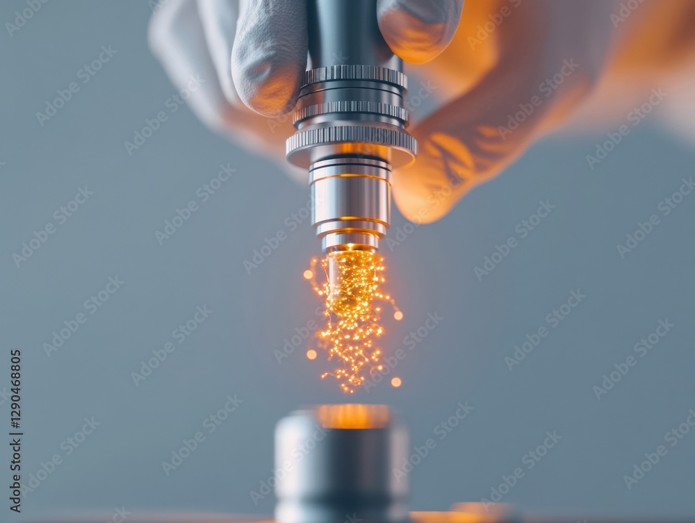 Poster Futuristic Laboratory Visuals High-Tech Microscope with Dynamic Orange Particle Visualization - Advancing Medical Research and Technological Innovation for Life Sciences