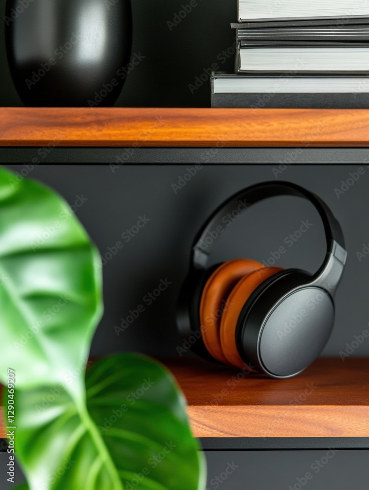 Poster contemporary scandinavian home office setup ergonomic headphone display on wooden shelves - elevatin