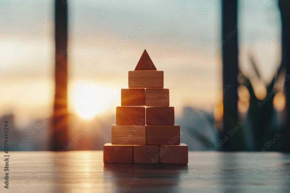 Aufkleber contemporary growth strategy wooden block pyramid chart with sunrise backdrop - business development