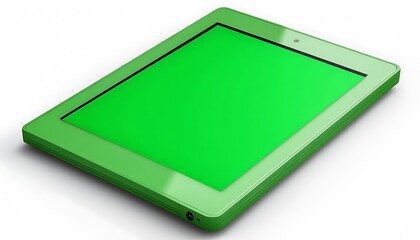 Green Tablet Displaying a Blank Green Screen on a White Background