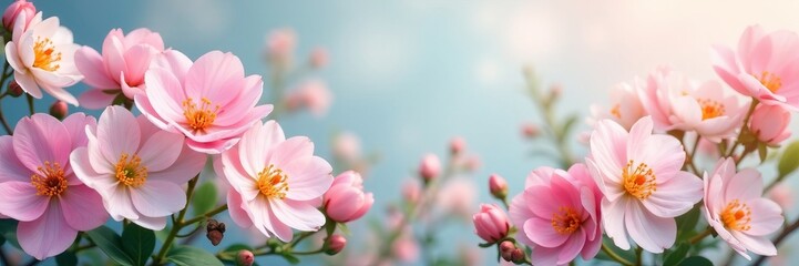 Close-up of delicate pastel spring blooms creating a beautiful floral border, spring, blooms