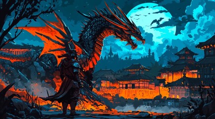 Enchanting visuals showcase a dragon keeping watch over an Asian community.