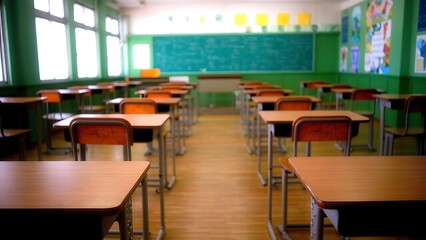 Empty Classroom with Natural Light and Green Chalkboard