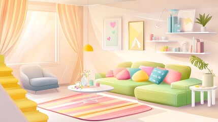 Fototapeta premium there is a cartoon illustration of a living room with a green couch