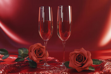 Two elegant champagne glasses beside red roses on a vibrant red background.