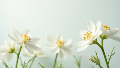 Fototapeta premium Close-up of delicate white stock flowers on a soft white backdrop, delicate, beauty, elegant