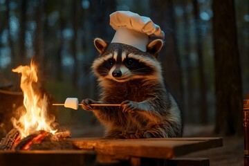 Raccoon chef roasting marshmallow in forest at campfire