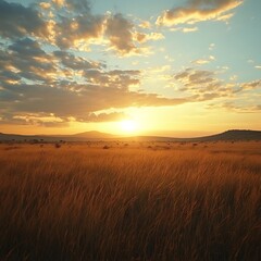 Obraz premium A beautiful golden sunset over fields of tall grass