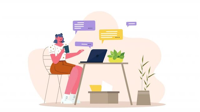 Flat vector design scene animation showing remote workers interacting with their computers, attending virtual meetings, and collaborating on projects from home or other locations.