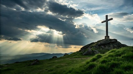 "Sun Rays Shining Through Clouds Over Hilltop Cross"