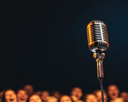 Timeless Comedy Aesthetics Vintage Microphone with Lively Audience in Warm Stage Lighting - Shes Funny That Way Day and Fall Event Marketing for Entertainment Industry Engagement