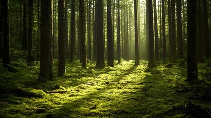 Obraz premium Vibrant Woodland Path Amid Lush Forest Foliage and Filtering Sunlight