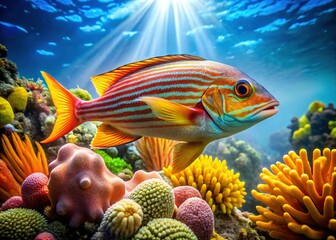 Obraz premium Vibrant Double-barred Rabbitfish (Siganus virgatus) Swimming in Coral Reef