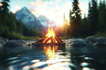Campfire mountain lake reflecting sunset beauty