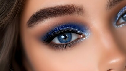 Naklejka premium A close-up of an eye featuring stunning blue eyeshadow, glitter, and long eyelashes, highlighting the vibrant blue iris. Concept Close-Up Makeup, Stunning Blue Eyeshadow, Glitter Accents