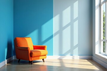 Bright blue walls, single orange chair, stark white accent wall , lines, interior, decoration