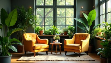 Fototapeta premium Chic workspace, comfy armchairs amidst foliage, green, furniture