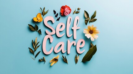 Pastel Serenity Hand-Painted Self Care Flourish with Floral Watercolor on Blue - National Self Care Day and Spring Equinox Wellness Branding