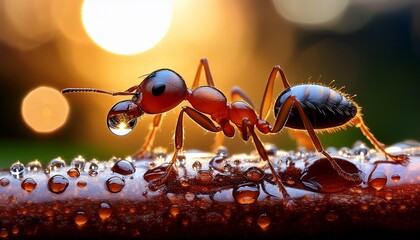 Extreme close-up of an ant carrying a tiny water droplet on its back, showcasing the fine details of the ant’s body and the delicate droplet.