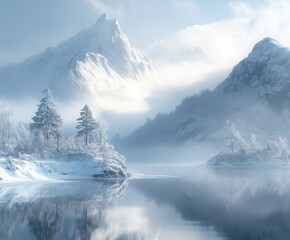 Obraz premium Snowy mountain reflection in serene winter landscape