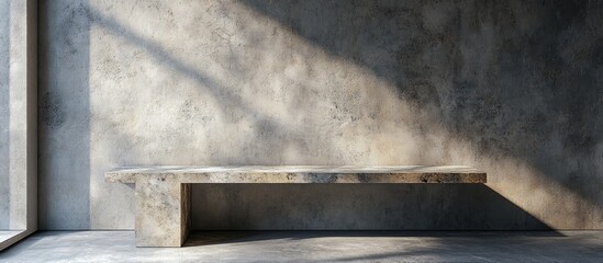 Textured gray wall backdrop features a long stone table with shadows enhancing the contrast between the surfaces in a minimalist interior setting.