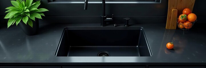 Obraz premium Polished black kitchen sink, seamless counter, black storage , elegant, minimalist