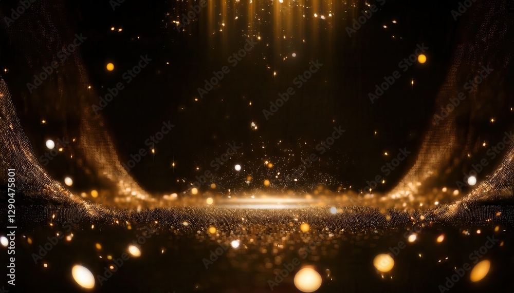 Poster shimmering golden lights with soft glowing particles and sparkling stars falling in dark space background for design