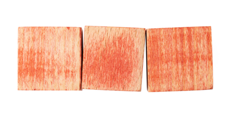 three blank red wooden blocks forming a row on transparent background