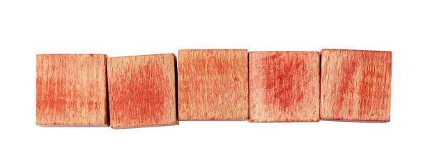 five blank red wooden blocks forming a row on transparent background