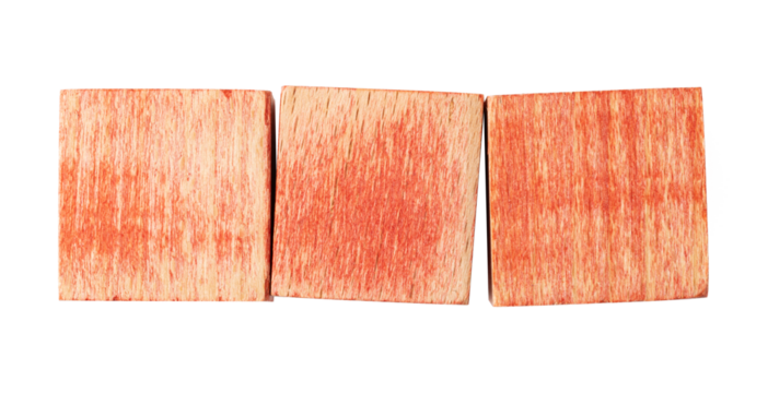 three blank red wooden blocks forming a row on transparent background