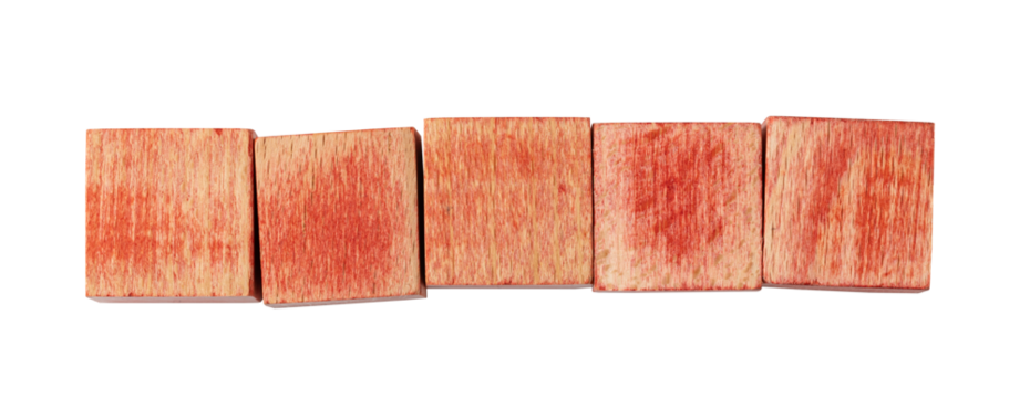 five blank red wooden blocks forming a row on transparent background - Powered by Adobe