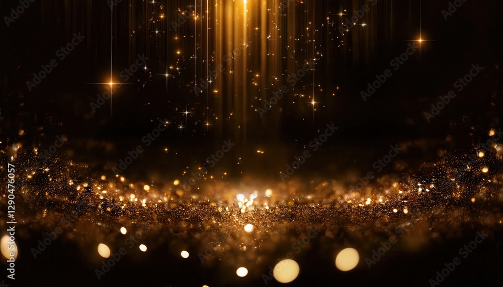 Poster shimmering golden lights with soft glowing particles and sparkling stars falling in dark space backg