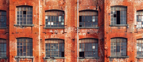 Red brick building facade featuring multiple broken windows with a weathered texture, positioned centrally with clear copy space above.