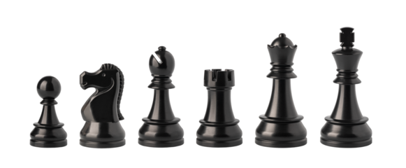 Black chess pieces floating on transparent background