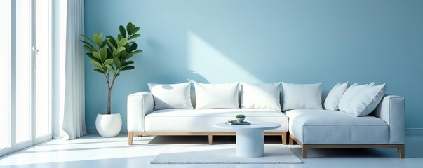 Serene light blue room, white sofa & table  Soft, calming ambiance ,  relaxing,  soft,  design