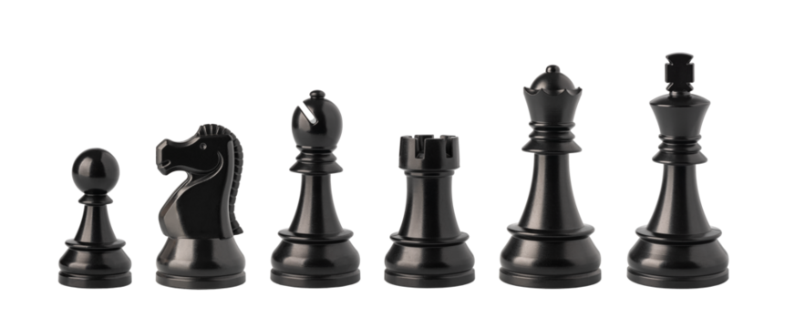 Black chess pieces floating on transparent background