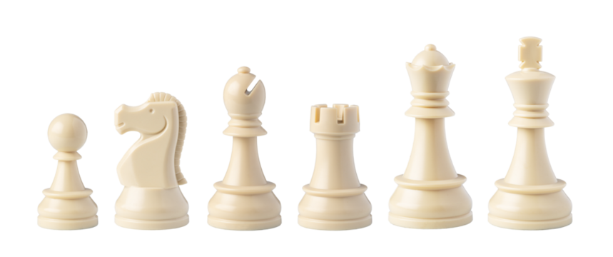 White chess pieces floating on transparent background