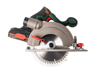 A circular saw power tool with a green handle and a silver blade