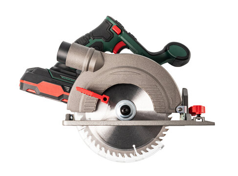 A circular saw power tool with a green handle and a silver blade
