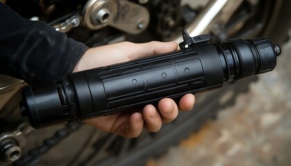 Obraz premium Hand holding toner cartridge, motorcycle in background